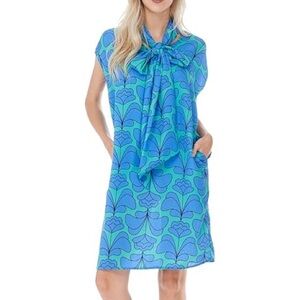 TOV Holy Blue and Teal Floral Shift Dress with Neck Tie